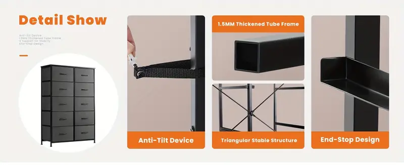 C&oacute;moda alta de 10 cajones para dormitorio, C&oacute;moda de cajones de tela, Unidades organizadoras de almacenamiento altas, C&oacute;moda y cajonera, Torre de almacenamiento con contenedores de tela, Gabinete de cajones, Estructura met&aacute;lica, Muebles ligeros para sala de estar, dormitorio detalles 3