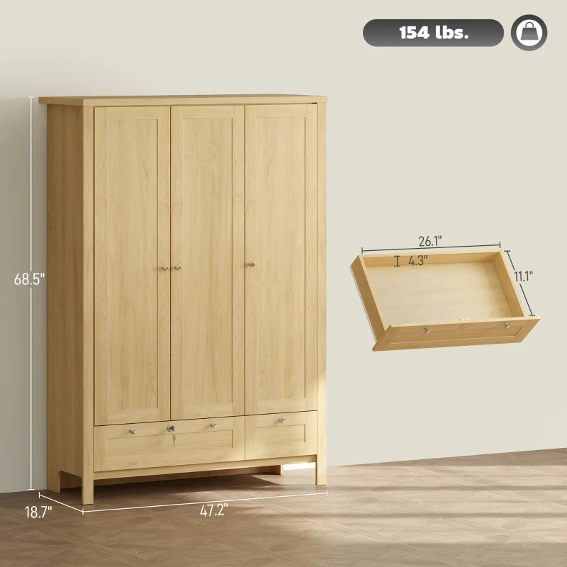 HOMCOM Armario de 3 Puertas con 2 Cajones, Armario de Dormitorio con Cajón con Cerradura, Barra para Colgar y Estantes de Almacenamiento, Natural