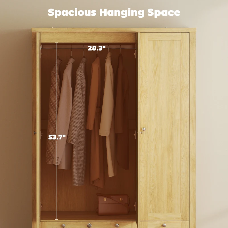 HOMCOM Armario de 3 Puertas con 2 Cajones, Armario de Dormitorio con Cajón con Cerradura, Barra para Colgar y Estantes de Almacenamiento, Natural