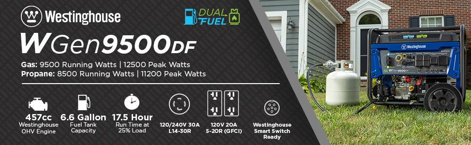 Westinghouse Equipo de energía al aire libre dual combustible wgen9500 wgen9500df propano lpg gasolina l14-30 14-50