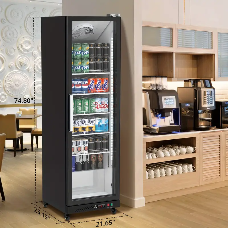Refrigerador comercial con puerta de vidrio, refrigerador de exhibición de bebidas de 12.4 pies cúbicos, puerta única, enfriador de bebidas, doble acristalamiento con luces LED, estantes de almacenamiento, refrigerador vertical detalles 6