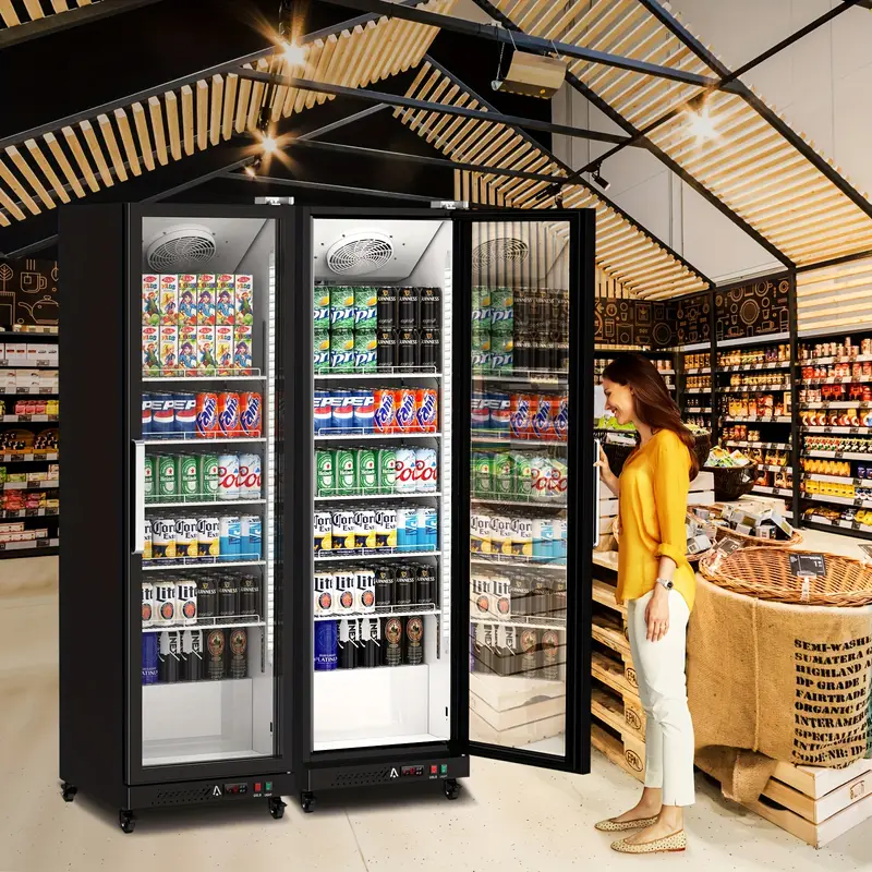 Refrigerador comercial con puerta de vidrio, refrigerador de exhibición de bebidas de 12.4 pies cúbicos, puerta única, enfriador de bebidas, doble acristalamiento con luces LED, estantes de almacenamiento, refrigerador vertical detalles 4