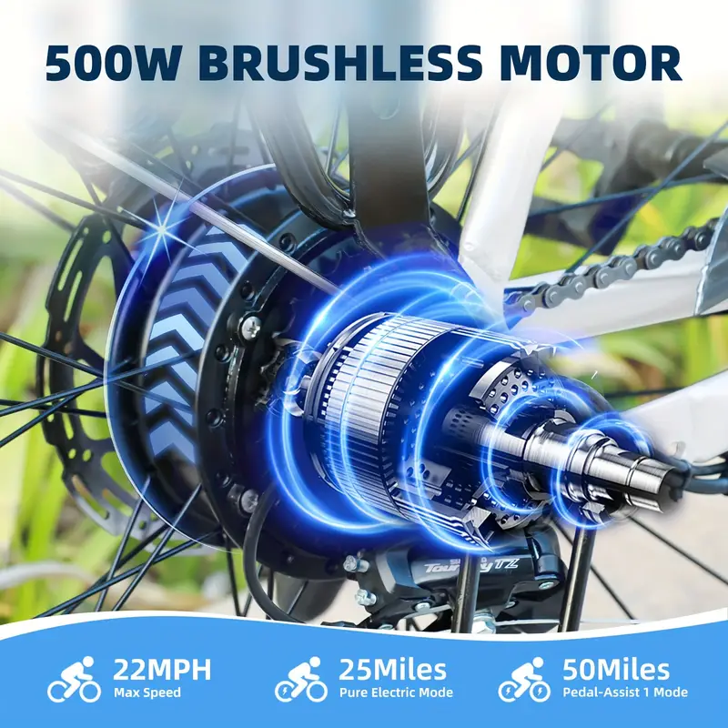   eléctrica   adultos,   eléctrica de 26 pulgadas con batería extraíble de 36 V y 13 Ah y 7 velocidades,   sin escobillas de 500 W       eléctrica  ,   eléctrica de cercanías de 22 MPH     detalles 0