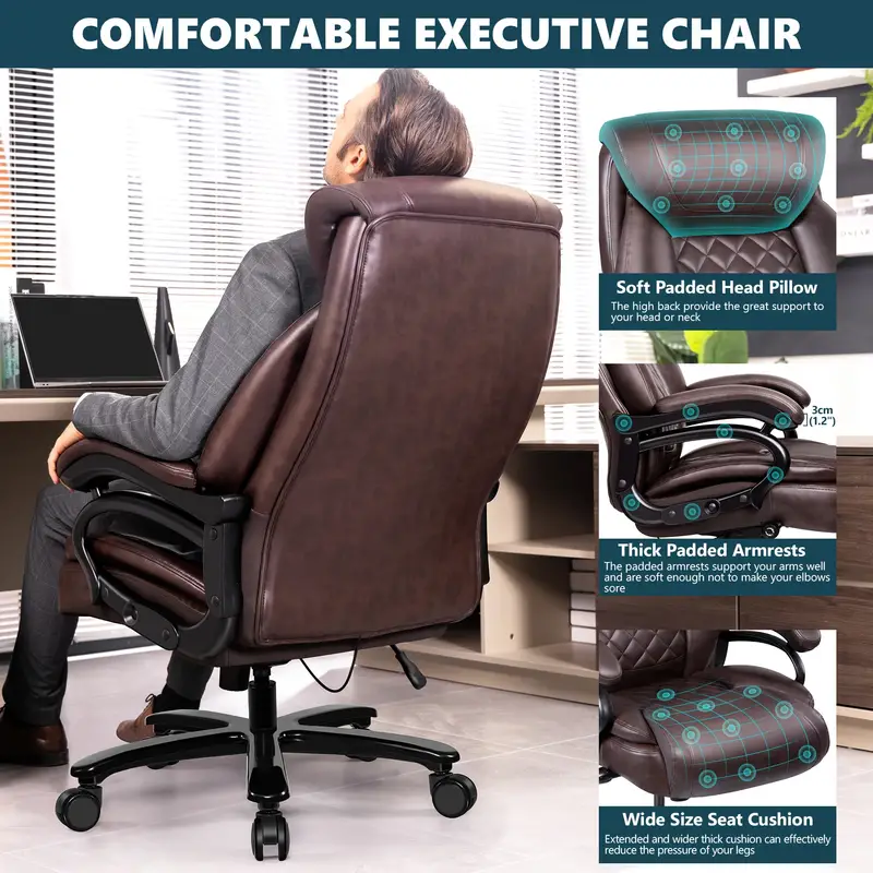 Silla ergon&oacute;mica     de 500   para  , silla   y   para  , silla ejecutiva para   de cuero PU con asiento ancho, soporte lumbar ajustable, silla de computadora mecedora de respaldo   para   pesadas. detalles 6