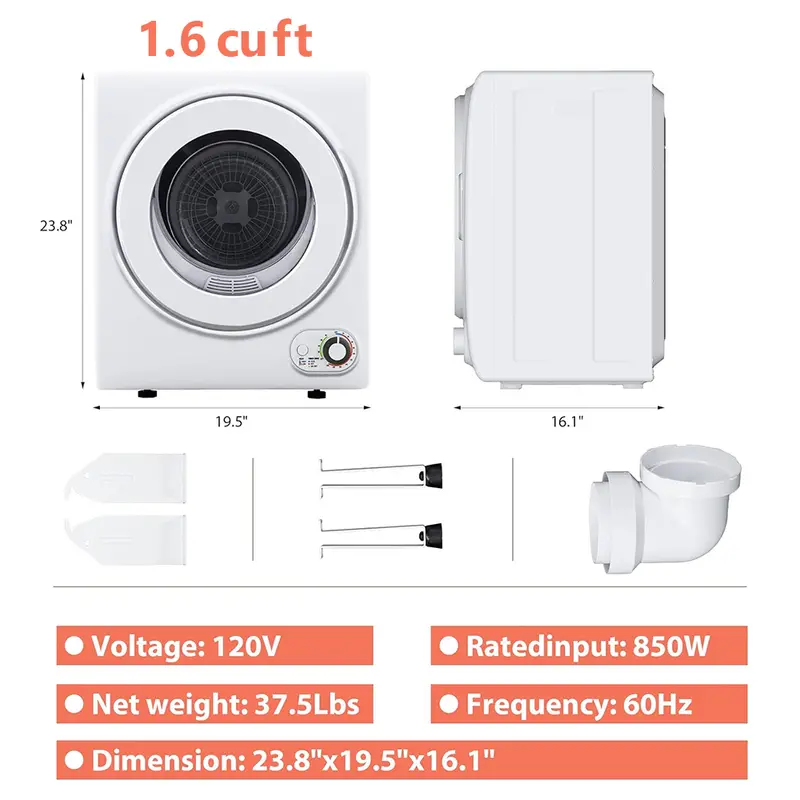  r de Ropa Portátil de 110V 850W,  r de Ropa de Lavandería Compacto de 1.6 pies cúbicos con Carga Frontal de Acero Inoxidable, Máquina de   Eléctrica con Tubo de Acero Inoxidable para Apartamentos, RVs, Dormitorios,   y Control   detalles 1