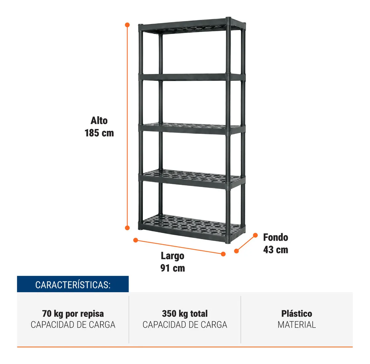 Estante plástico, 5 repisas, carga 70 kg, medidas 185x43x91 cm, Truper EST-5