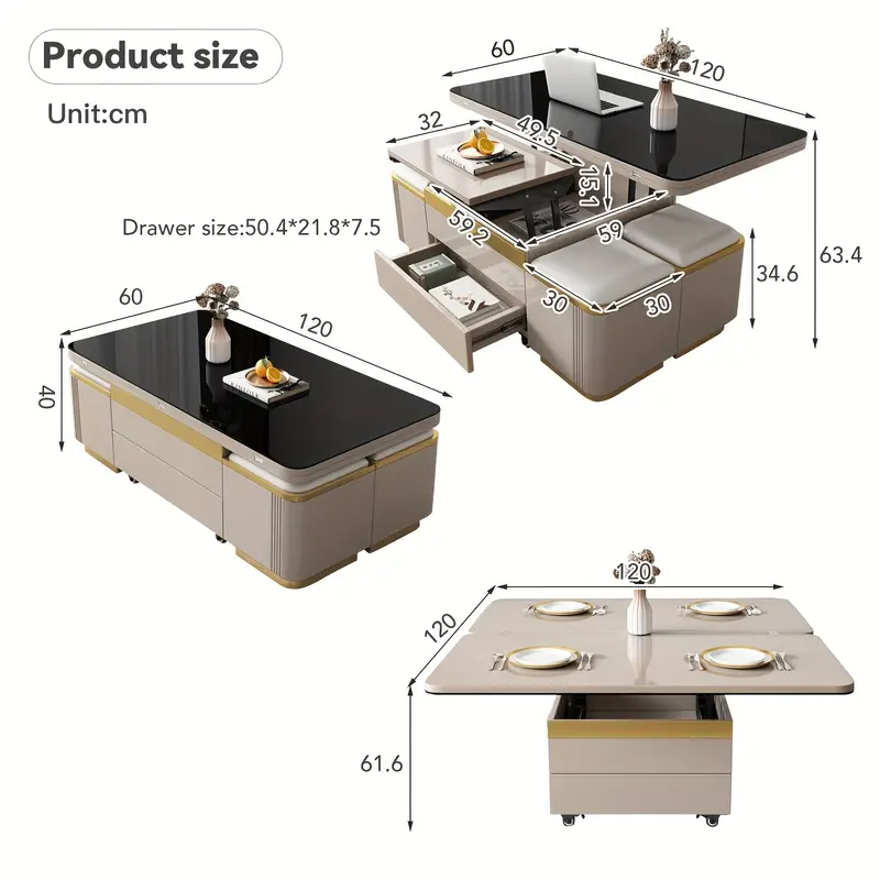   elevable con tapa extraíble única, compartimento oculto y superficie de cristal templado para  , mesa de té ajustable   con 4 taburetes, moderna plegable que se convierte en mesa de comedor, gris claro detalles 2