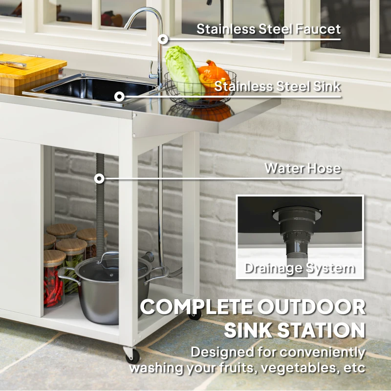 Mesa de parrilla para exteriores con fregadero y drenaje de acero inoxidable, carrito de parrilla con mesa auxiliar plegable y gabinete, isla de cocina para exteriores con ruedas