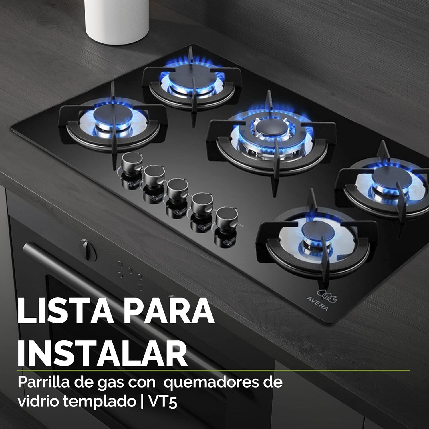 AVERA Parrilla de Gas 5 Quemadores, Vidrio Templado Negro 77cm (Incluye accesorios para Instalarla) Empotrable, Encendido Electronico, Perillas Metalicas, Estufa Empotrable, para Gas LP y Natural, VT5