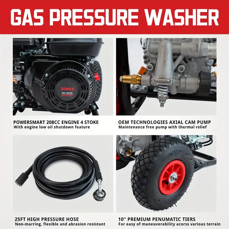 Hidrolavadora a Gas  , 3200 PSI 2.5 GPM Bomba de leva axial, Tanque de jab&oacute;n a bordo de 208 cc, 5 boquillas QC Manguera de 25 pies, Pistola pulverizadora y varilla para limpiar autos/casas detalles 4