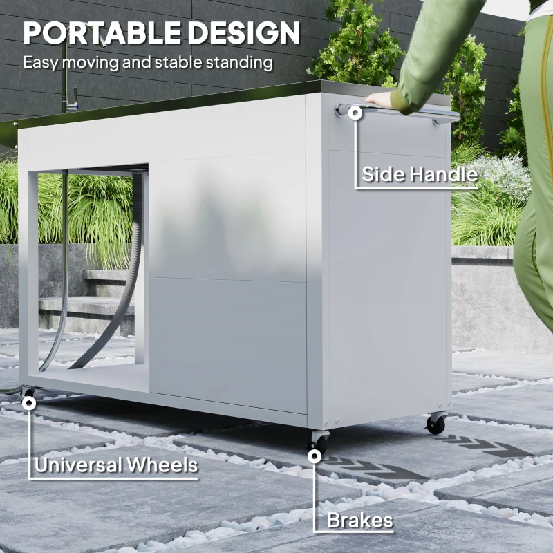 Mesa de parrilla para exteriores con fregadero y drenaje de acero inoxidable, carrito de parrilla con mesa auxiliar plegable y gabinete, isla de cocina para exteriores con ruedas