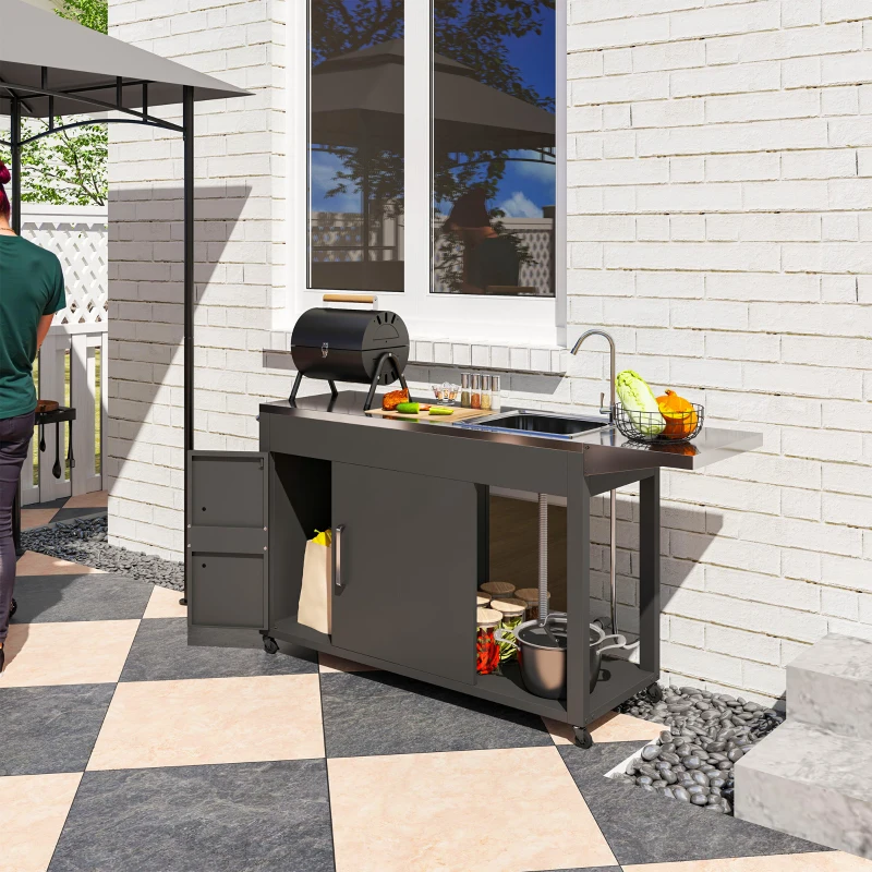 Mesa de parrilla para exteriores con fregadero y drenaje de acero inoxidable, carrito de parrilla con mesa auxiliar plegable y gabinete, isla de cocina para exteriores con ruedas