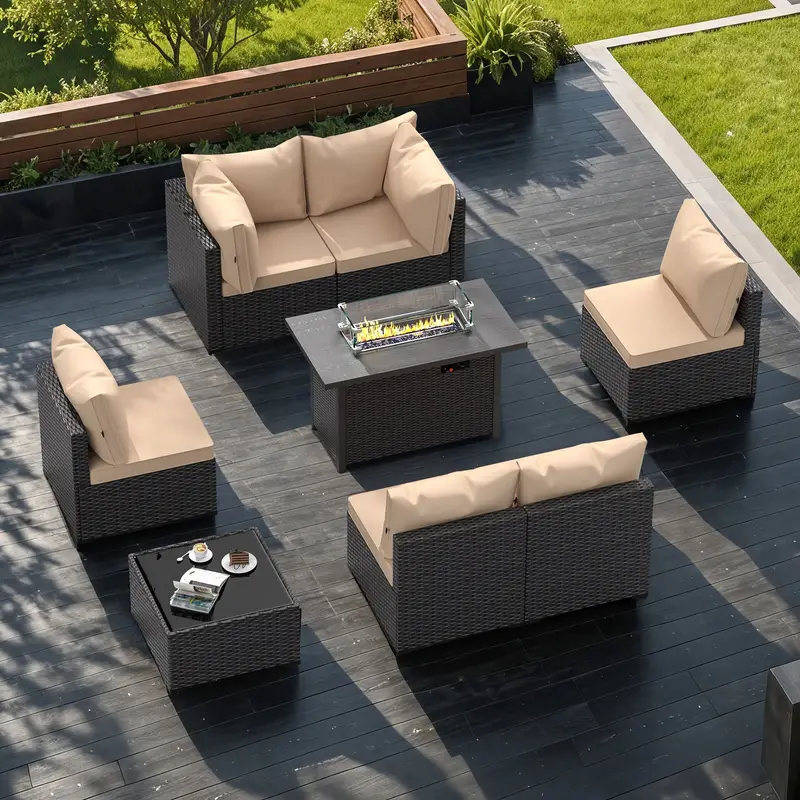 Conjunto de muebles de patio     con mesa de  , 8 piezas de muebles seccionales de patio de mimbre, sofá de conversación de patio y   de 42 detalles 4