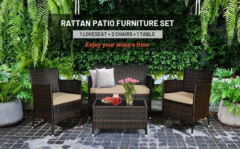 Conjunto de muebles de patio de ratán de 4 piezas con sofá acolchado, silla,  ,    . detalles 0