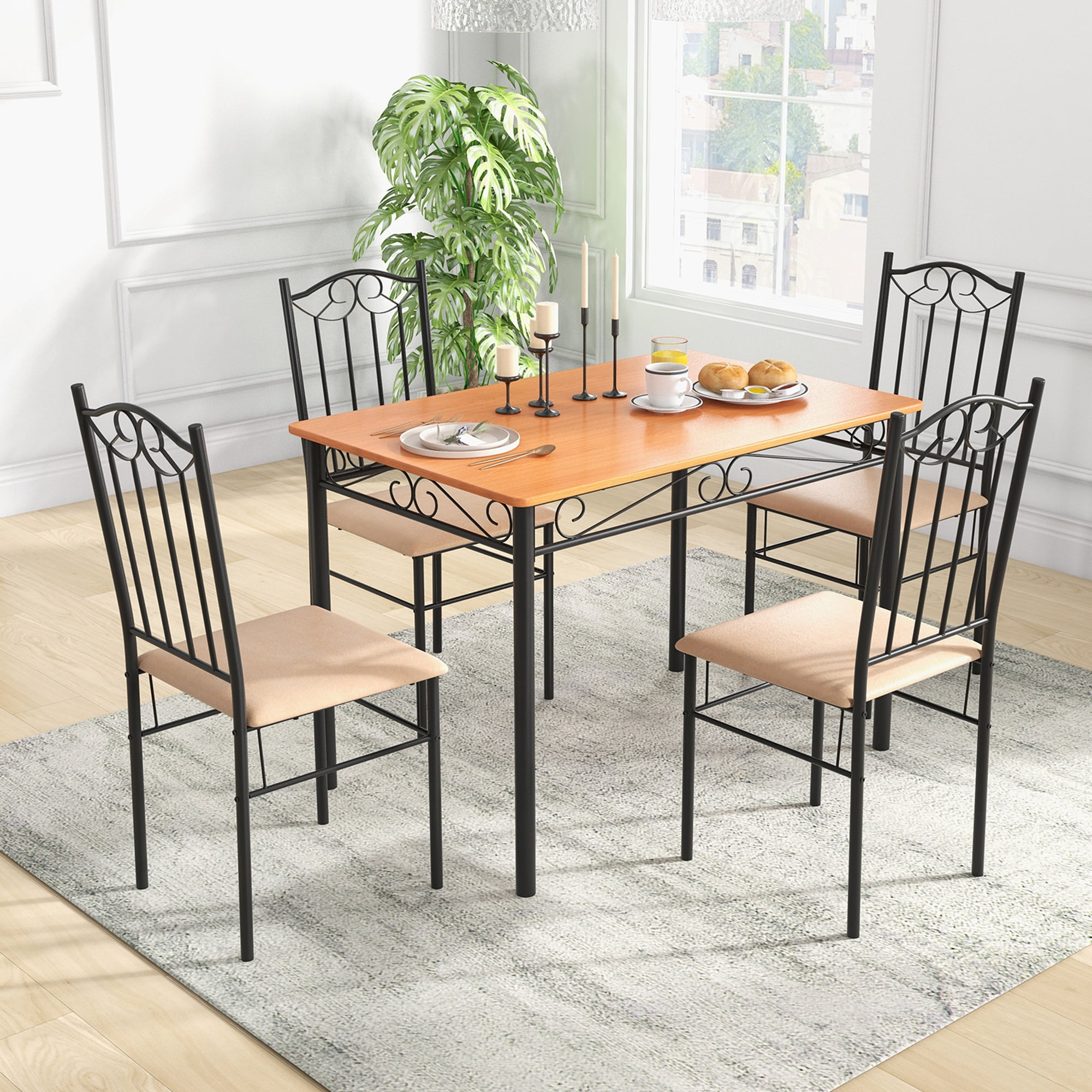 Costway Juego de comedor de 5 piezas, mesa de metal de madera de 30 "y 4 sillas, muebles de desayuno de cocina negros