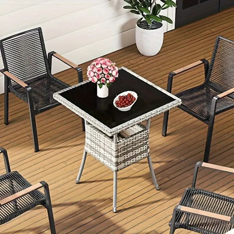 mesa de comedor de mimbre para patio furnizest con 4 asientos y   de vidrio templado, ideal para el entretenimiento y la relajaci&oacute;n  . detalles 0