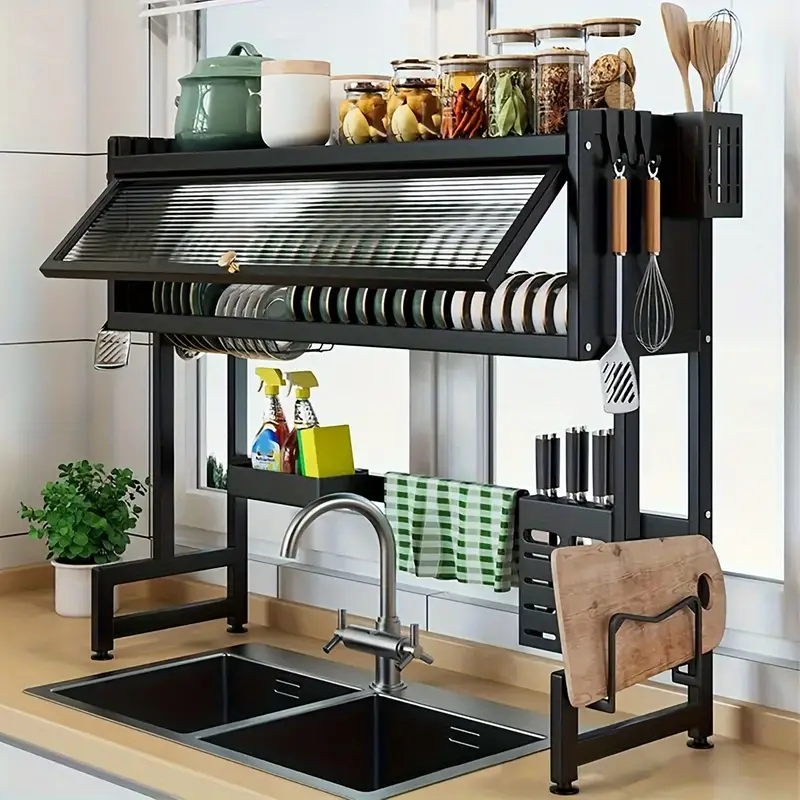 Sobre fregadero rejilla de secado de platos con cubierta, organizador de cocina de metal de acero al carbono para cuencos, platos, almacenamiento de utensilios, cesta de limpieza que ahorra espacio y barril de palillos detalles 5