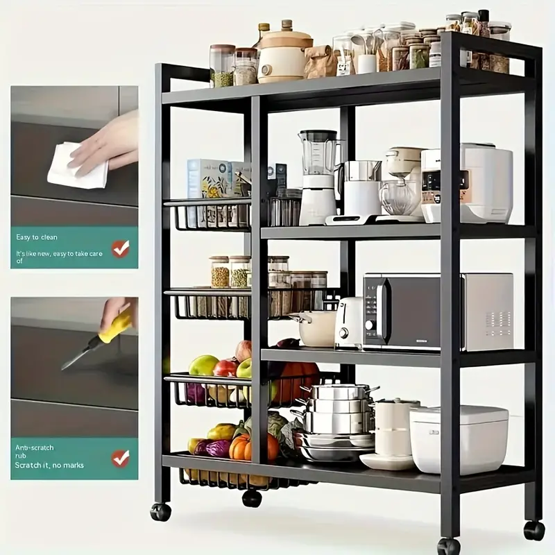 Cesta de almacenamiento de malla rodante con deslizamiento universal para la limpieza y el almacenamiento, cesta de almacenamiento de verduras, estante de almacenamiento de cocina, estante de almacenamiento práctico para almacenar suministros. detalles 8