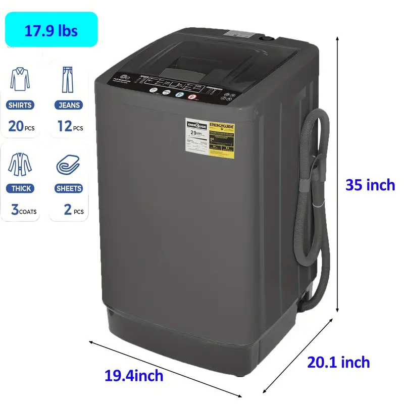   full automatic washing machine portable compact washer with led display 10 programs and 8 water levels 13 6lbs 17 9lbs capacity space saving full automatic washer grey details 2
