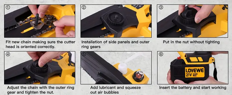 Mini motosierra inalámbrica, motosierra eléctrica de mano de 6 pulgadas con batería de 3.0Ah, velocidad de 23 pies/s - Tensado automático de   y engrasador automático para ramas de árboles, patio, hogar y jardín detalles 5