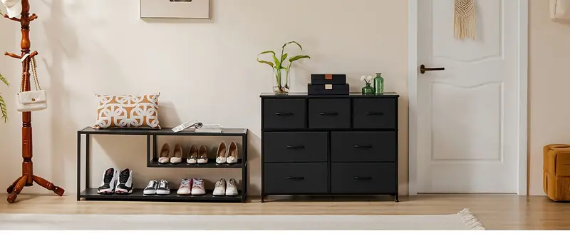 Cómoda para dormitorio, cajones de almacenamiento, soporte de TV, torre de almacenamiento de tela con 7 cajones, cómoda con cajones de tela, parte superior de madera para TV de hasta 45 pulgadas, para habitación infantil, armario, entrada, guardería detalles 1