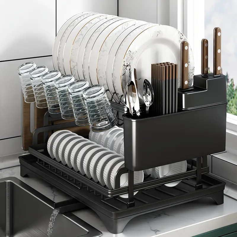 Estante de secado de platos de hierro de 2 niveles con escurridor y soporte para cubiertos, organizador de platos y tazones para encimera de cocina, estante para platos con bloque de cuchillos, soporte para vasos - Regalo perfecto para mujeres, esposa, gadget de cocina para el día de la madre detalles 1