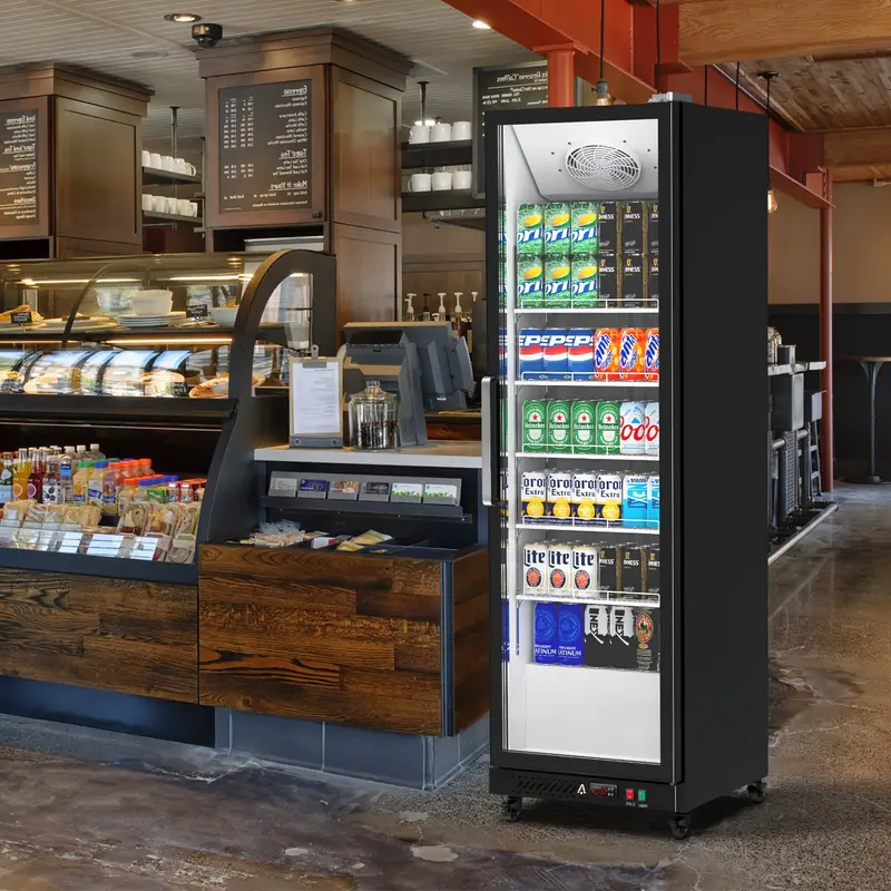 Refrigerador comercial con puerta de vidrio, refrigerador de exhibición de bebidas de 12.4 pies cúbicos, puerta única, enfriador de bebidas, doble acristalamiento con luces LED, estantes de almacenamiento, refrigerador vertical detalles 3