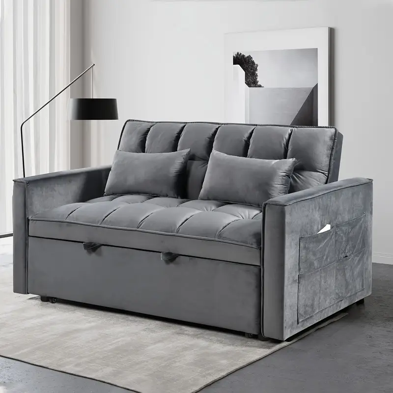 diván cama de terciopelo lujoso 3-en-1 con respaldo ajustable - salón moderno de   asiento, tapicería acolchada   con bolsillos   y almohadas   -   de metal, diseño de cabecero abierto para decoración de salón contemporáneo, futón, sofá cama, sofá de   plazas, multifuncional detalles 4
