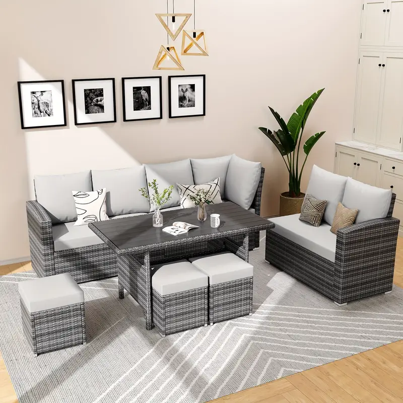 Conjunto de muebles de patio al aire libre, juego de comedor al aire libre de rat&aacute;n de mimbre de 7 piezas con mesa de comedor y otomanas, juego de mesa y sillas de patio, juego de sof&aacute; de silla   detalles 1