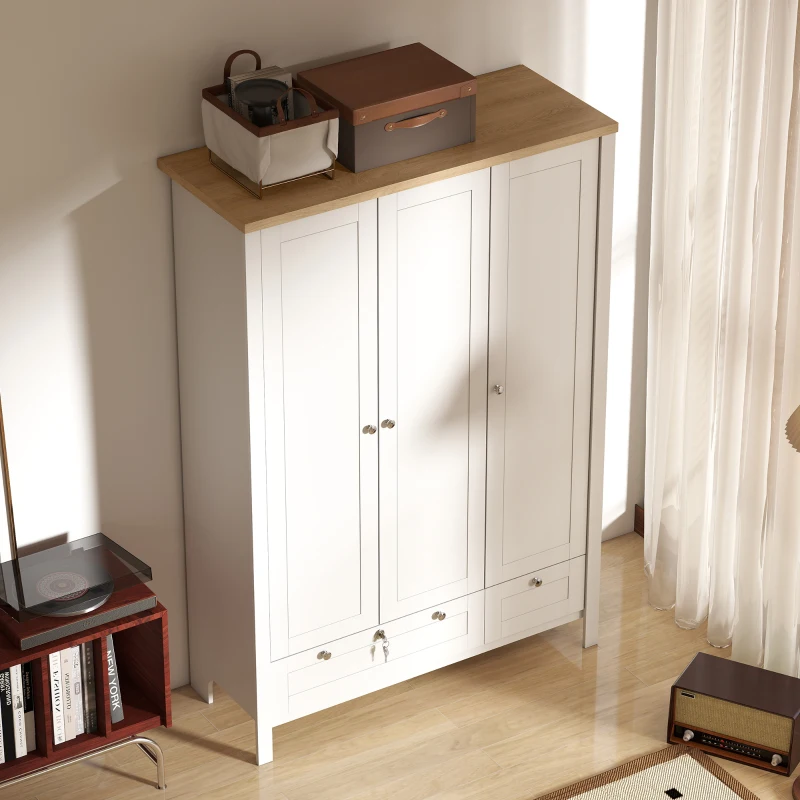 HOMCOM Armario de 3 Puertas con 2 Cajones, Armario de Dormitorio con Cajón con Cerradura, Barra para Colgar y Estantes de Almacenamiento, Natural
