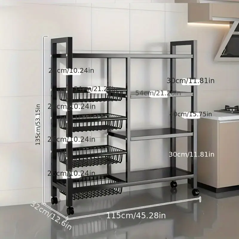 Estante de almacenamiento de cocina con cestas de malla, carrito de servicio con de metal con ruedas, estante de con estantes ajustables, para cocina, baño, , detalles 2