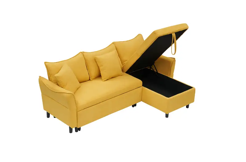 Sofá cama 3 en 1 de 80 pulgadas con funda de corduroy amarillo en forma de L, convierte en cama para almacenamiento, incluye dos pequeños cojines, ideal para sala de estar y dormitorio detalles 2