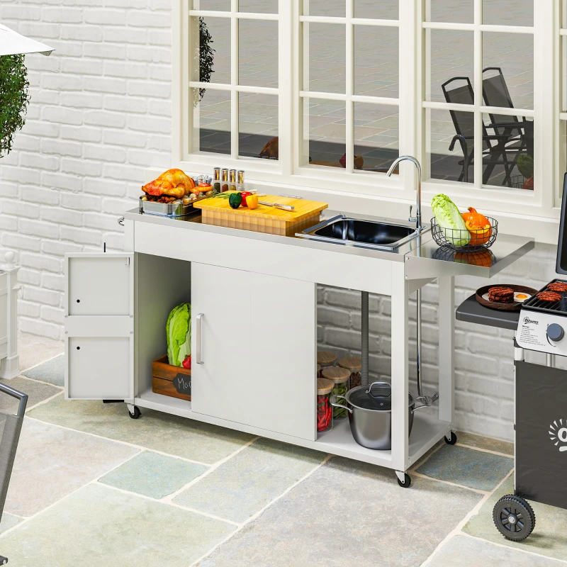 Mesa de parrilla para exteriores con fregadero y drenaje de acero inoxidable, carrito de parrilla con mesa auxiliar plegable y gabinete, isla de cocina para exteriores con ruedas