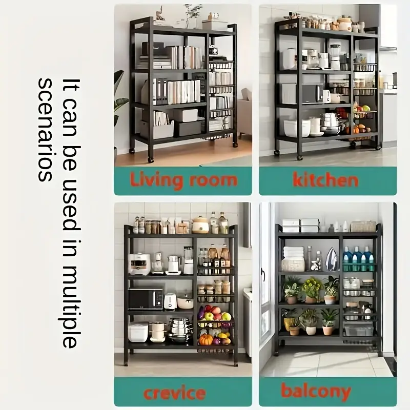 Estante de almacenamiento de cocina con cestas de malla, carrito de servicio con de metal con ruedas, estante de con estantes ajustables, para cocina, baño, , detalles 4