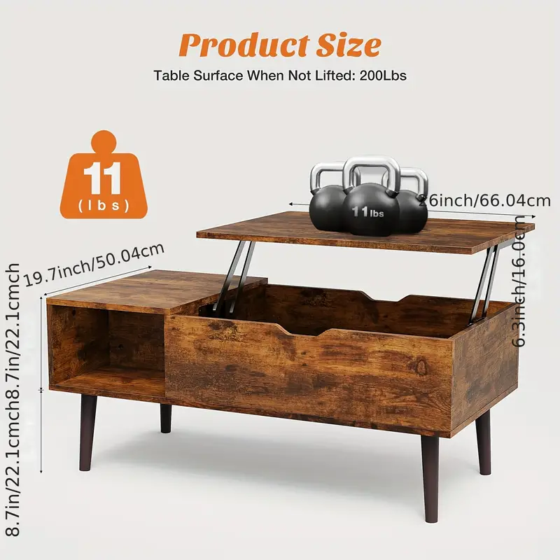 Mesa de centro elevable para sala de estar con compartimento de almacenamiento oculto, con estante de almacenamiento ajustable para sala de estar, estilo vintage, construcción de madera duradera, mesa de centro moderna con cajón elevable, mesa de centro de madera detalles 2