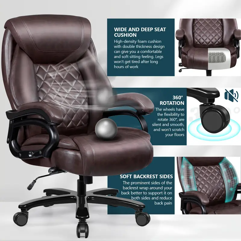 Silla ergon&oacute;mica     de 500   para  , silla   y   para  , silla ejecutiva para   de cuero PU con asiento ancho, soporte lumbar ajustable, silla de computadora mecedora de respaldo   para   pesadas. detalles 3