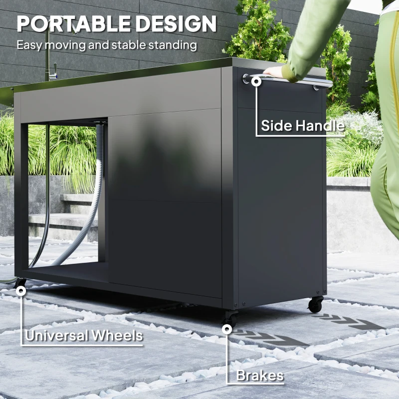 Mesa de parrilla para exteriores con fregadero y drenaje de acero inoxidable, carrito de parrilla con mesa auxiliar plegable y gabinete, isla de cocina para exteriores con ruedas