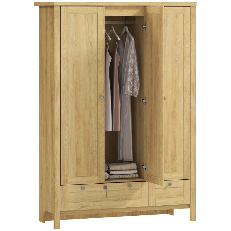 HOMCOM Armario de 3 Puertas con 2 Cajones, Armario de Dormitorio con Cajón con Cerradura, Barra para Colgar y Estantes de Almacenamiento, Natural