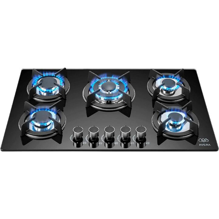 AVERA Parrilla de Gas 5 Quemadores, Vidrio Templado Negro 77cm (Incluye accesorios para Instalarla) Empotrable, Encendido Electronico, Perillas Metalicas, Estufa Empotrable, para Gas LP y Natural, VT5