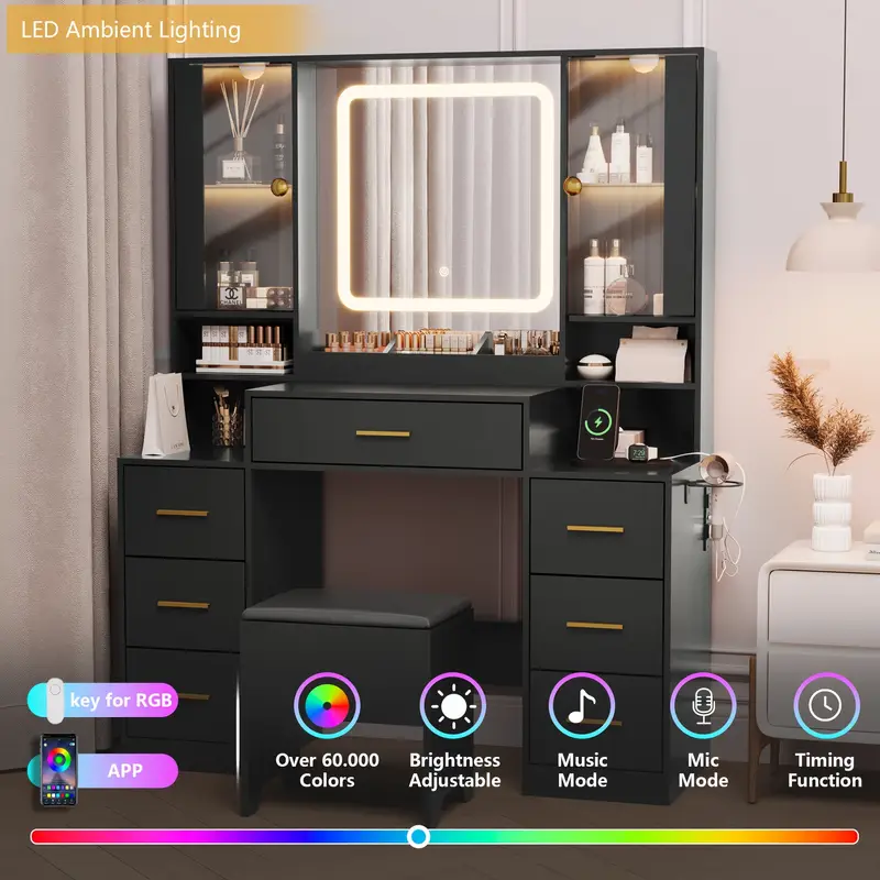 espejo de tocador con luces escritorio con silla y gabinete de vidrio led, tocador con espejo   y toma de corriente, tocador con 7 cajones detalles 5