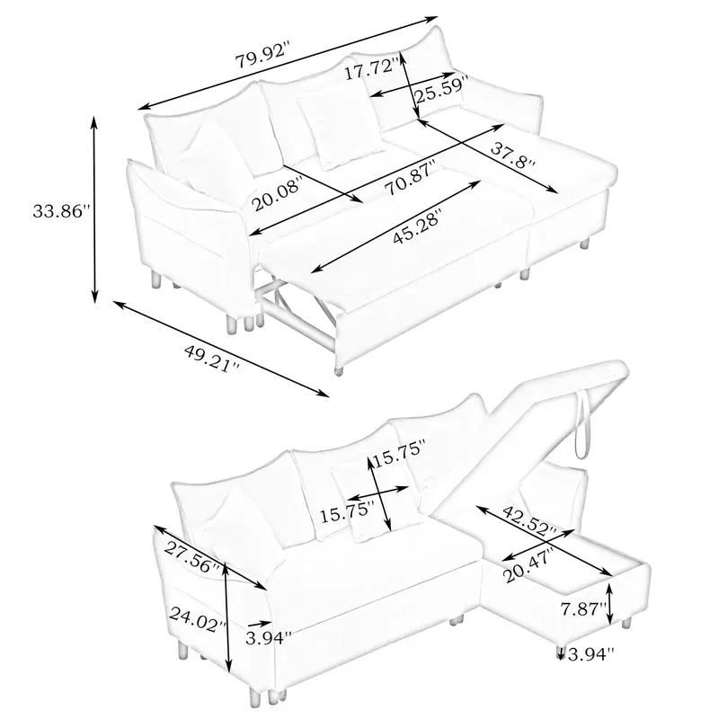 Sofá cama 3 en 1 de 80 pulgadas con funda de corduroy amarillo en forma de L, convierte en cama para almacenamiento, incluye dos pequeños cojines, ideal para sala de estar y dormitorio detalles 1