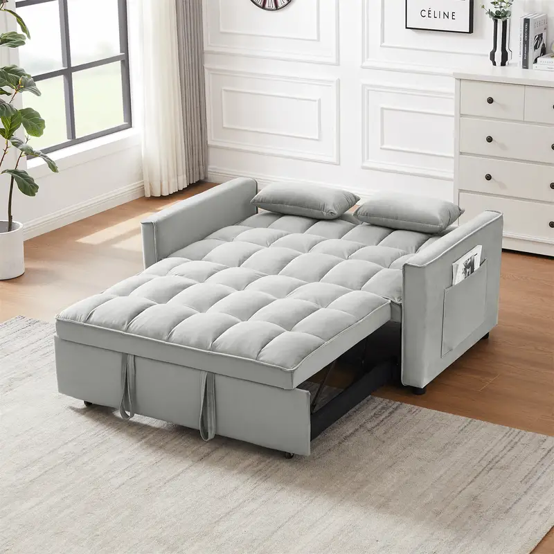 Sof&aacute; convertible de terciopelo 3 en 1, mejora de la versi&oacute;n anterior, con colch&oacute;n plegable, respaldo inclinable, cojines y bolsillos para dormir, ideal para dormitorio,   y apartamento, cubierta de sof&aacute; en   y gris detalles 3