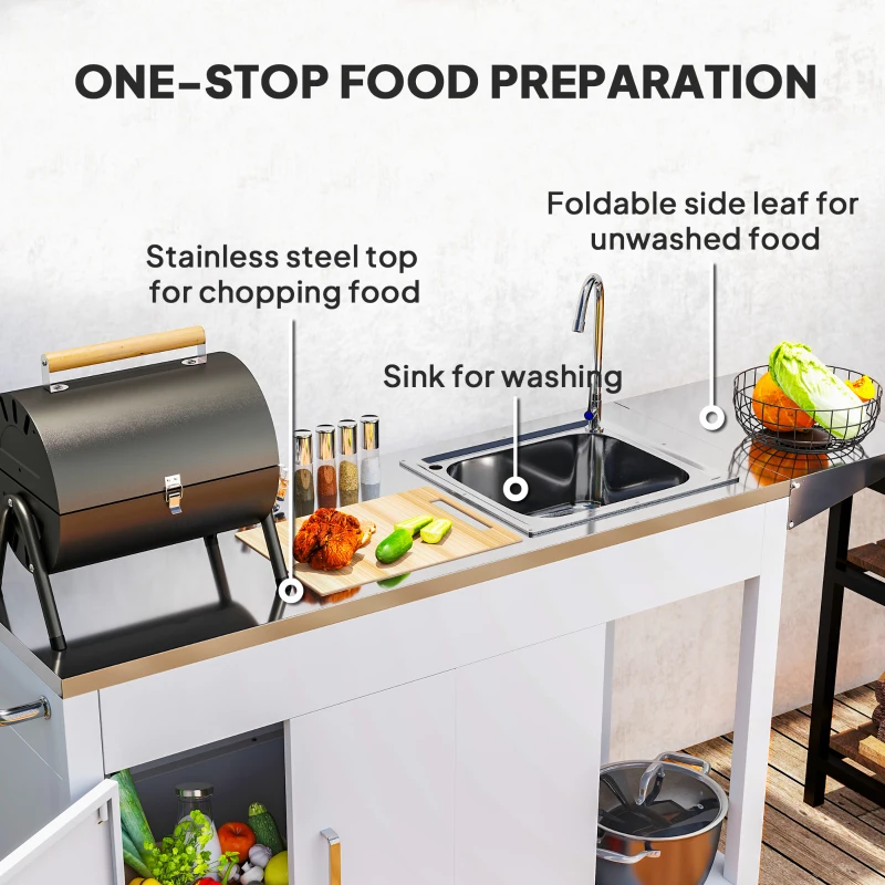 Mesa de parrilla para exteriores con fregadero y drenaje de acero inoxidable, carrito de parrilla con mesa auxiliar plegable y gabinete, isla de cocina para exteriores con ruedas