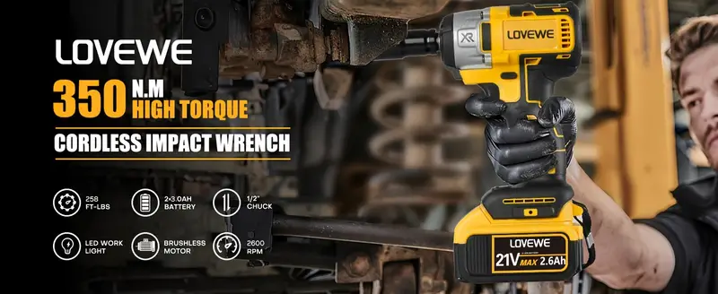 Llave de impacto inal&aacute;mbrica  , 21V 1/2   2600RPM, controlador de impacto de potencia sin escobillas, par 258 pies-  350N.m, con 2x2.6Ah bater&iacute;a, cargador, 6 enchufes y accesorios completos, pistola de impacto el&eacute;ctrica para autom&oacute;vil y hogar detalles 0