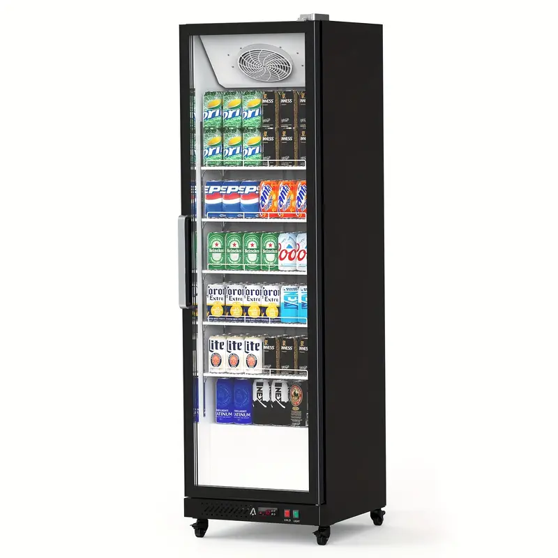 Refrigerador comercial con puerta de vidrio, refrigerador de exhibición de bebidas de 12.4 pies cúbicos, puerta única, enfriador de bebidas, doble acristalamiento con luces LED, estantes de almacenamiento, refrigerador vertical detalles 5