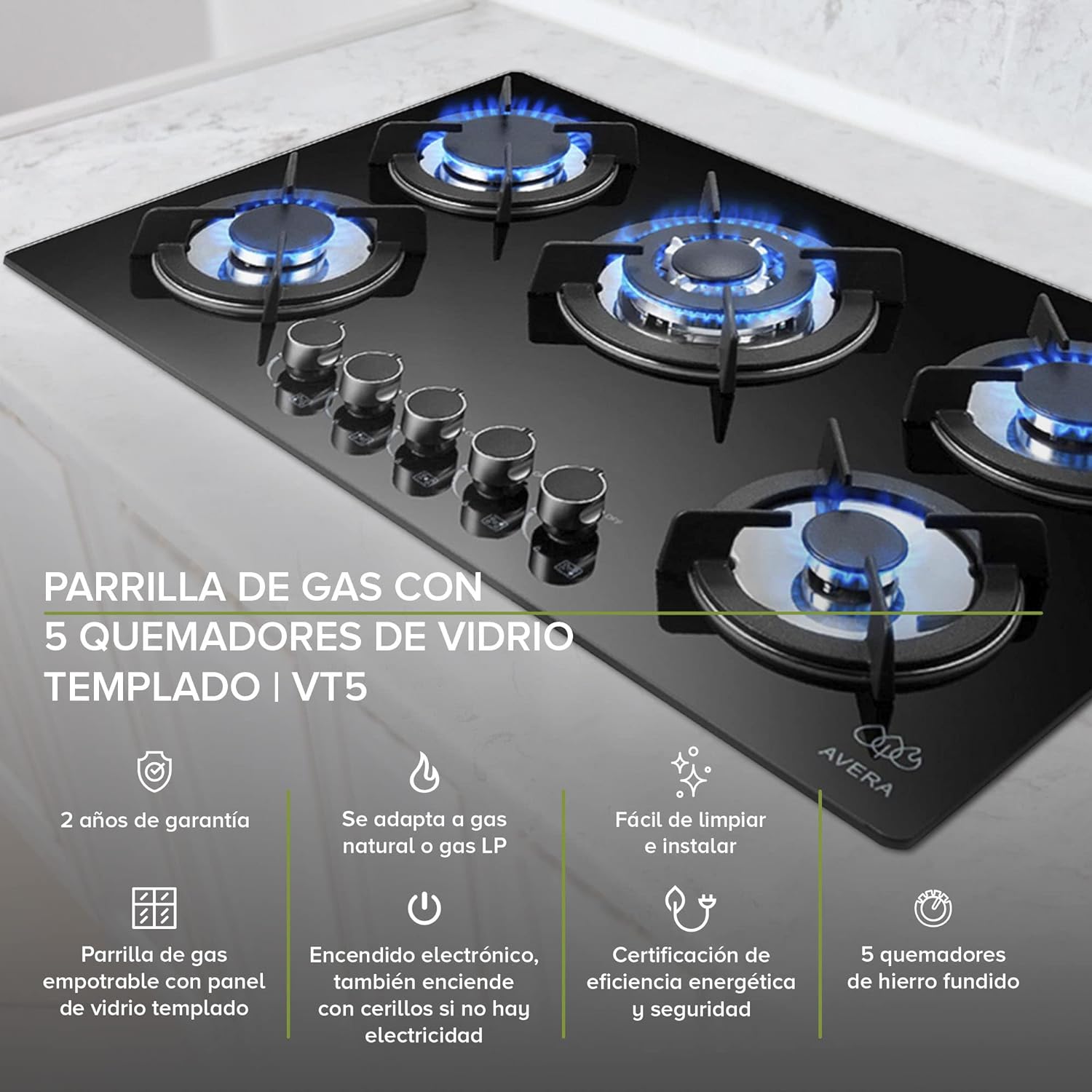 AVERA Parrilla de Gas 5 Quemadores, Vidrio Templado Negro 77cm (Incluye accesorios para Instalarla) Empotrable, Encendido Electronico, Perillas Metalicas, Estufa Empotrable, para Gas LP y Natural, VT5