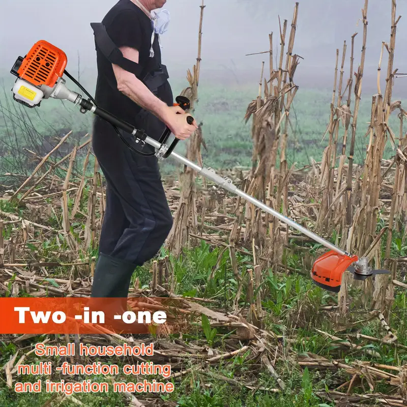 Un cortacésped de gasolina de 52 cc, 2 en 1, inalámbrico, de 70.87*13.78*13.78 pulgadas, con 2  , desbrozadora de mano, incluye mango de plástico y correa para el hombro. detalles 2
