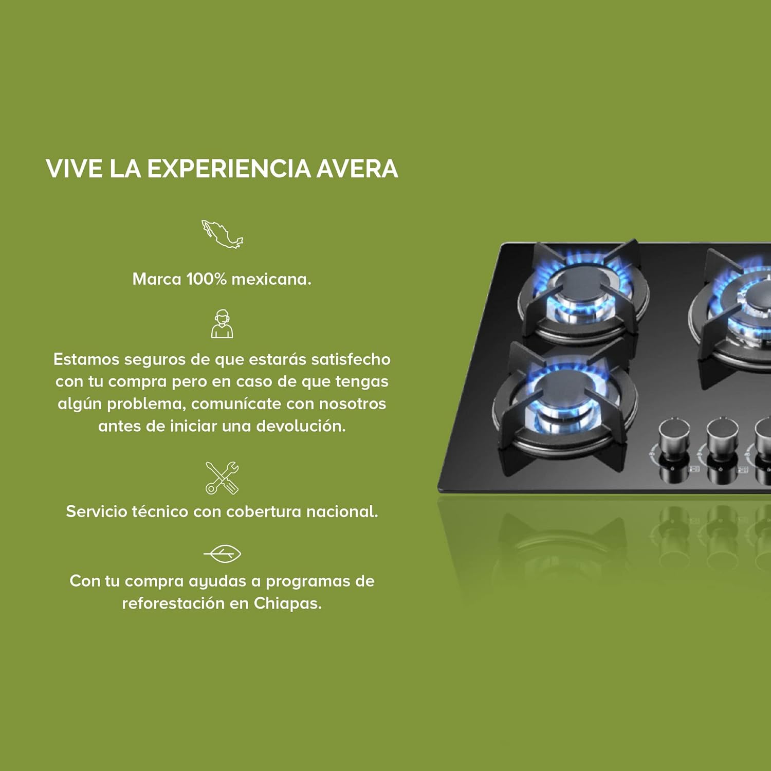 AVERA Parrilla de Gas 5 Quemadores, Vidrio Templado Negro 77cm (Incluye accesorios para Instalarla) Empotrable, Encendido Electronico, Perillas Metalicas, Estufa Empotrable, para Gas LP y Natural, VT5