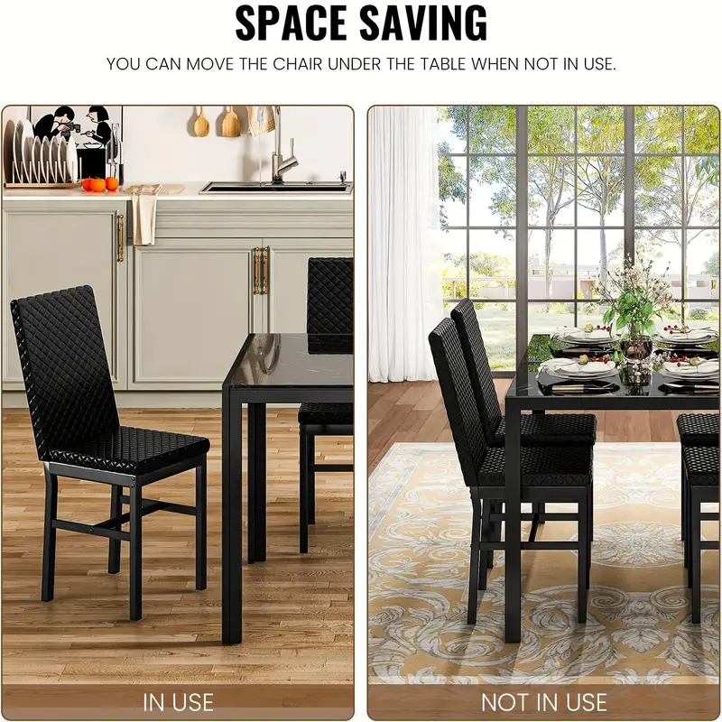 Conjunto de mesa de comedor de 5 piezas de estilo moderno y , conjunto de de 5 piezas con tapa de vidrio templado, marco de metal y sillas de comedor tapizadas en cuero sintético, conjunto de mesa de comedor para desayunar de mostrador para 4 personas en espacios pequeños detalles 7