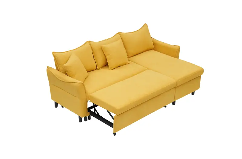 Sofá cama 3 en 1 de 80 pulgadas con funda de corduroy amarillo en forma de L, convierte en cama para almacenamiento, incluye dos pequeños cojines, ideal para sala de estar y dormitorio detalles 5